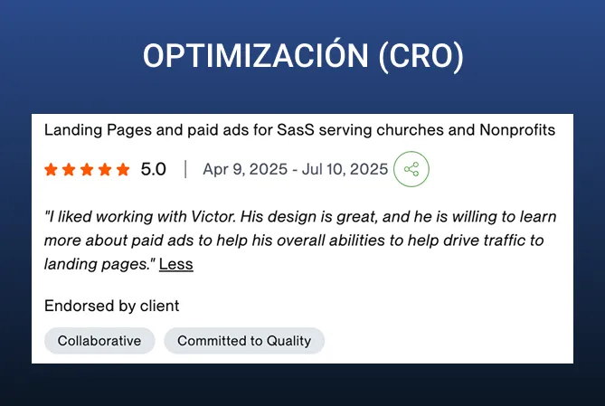 Reseña verificada de un proyecto de landing pages y CRO en Upwork