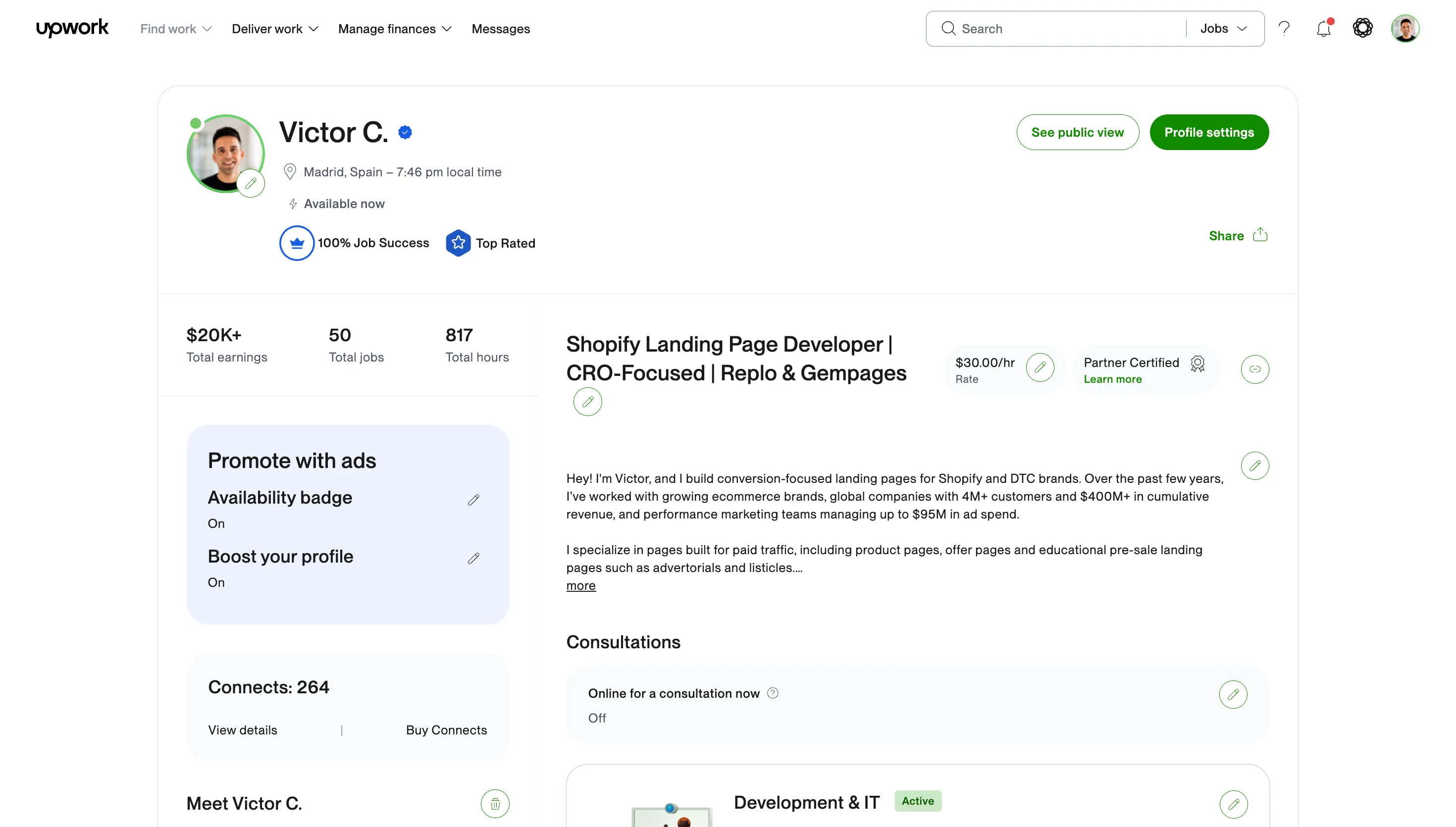 Captura del perfil de Victor en Upwork