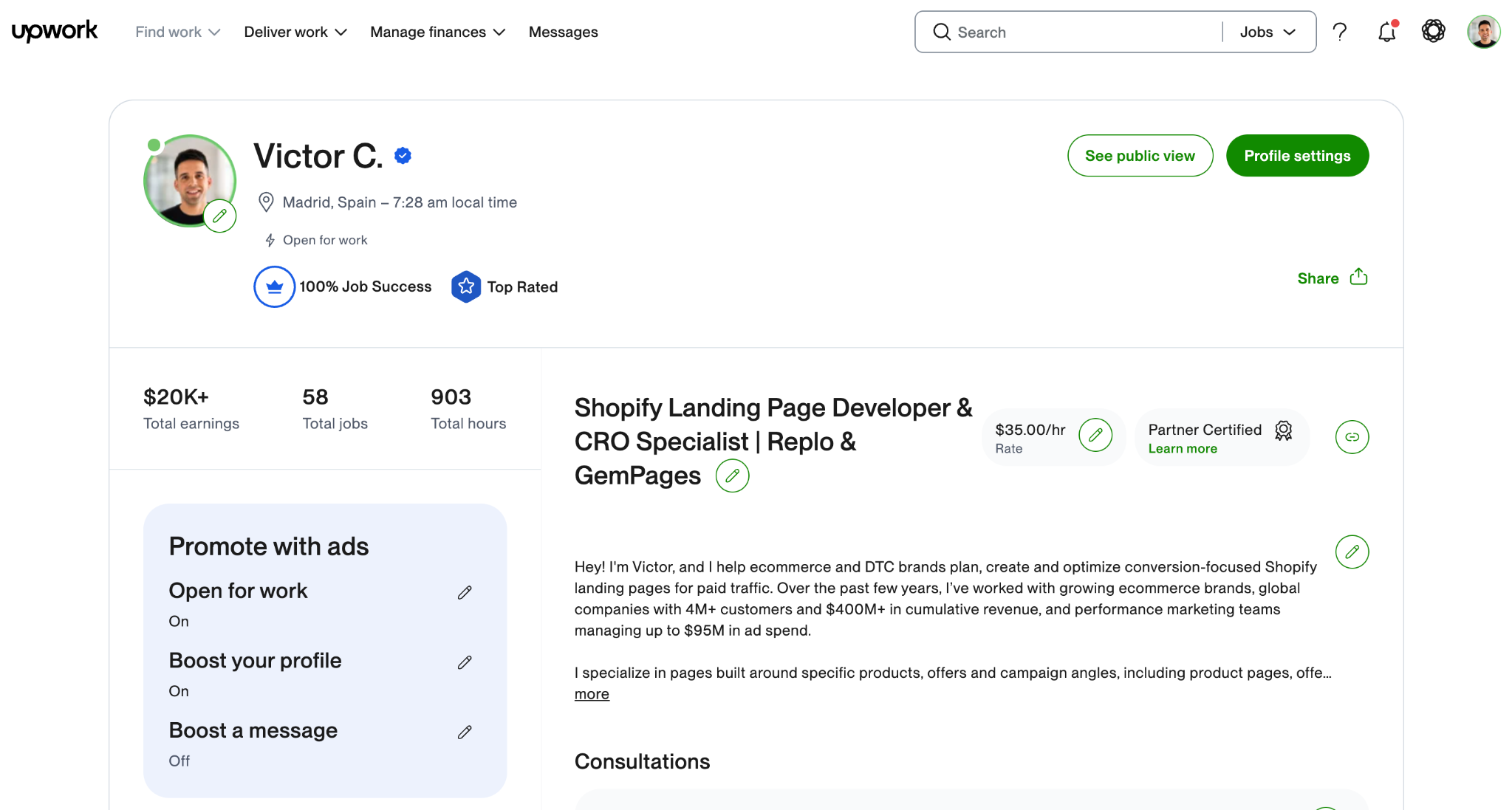 Captura del perfil de Victor en Upwork